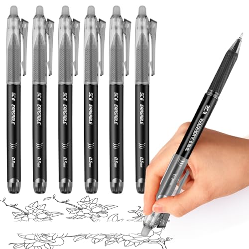 Radierbarer Kugelschreiber Tintenroller, 6 Stück 0,5mm Erasable Pen Gelstifte Radierbar für das Schreiben Journaling Zeichnung Kunstwerk Home Office Schule Briefpapier Zubehör (Schwarz) von Gelanty
