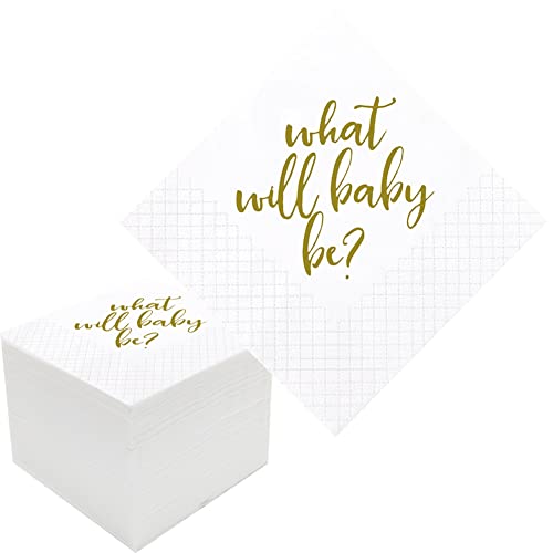 Geloar Gender Reveal Servietten, 100 Stück, Gold, What Will Baby Be Einweg-Papier-Cocktail-Servietten in Großpackung für Babyparty, Babyparty, 2-lagig, 12.7x12.7x12 cm (Was wird das Baby sein) von Geloar