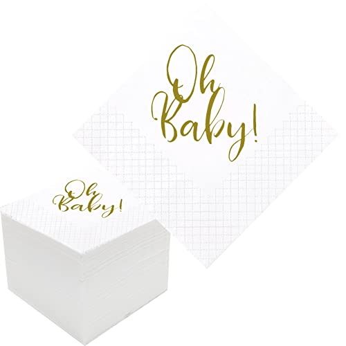 Geloar Oh Baby Cocktail-Servietten für Babyparty, 100 Stück, goldfarben, Einweg-Papier-Cocktail-Getränke-Servietten in Großpackung für Babyparty, Babyparty, 2-lagig, 12.7x12.7 cm (Oh Baby) von Geloar