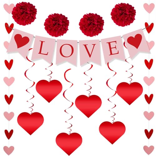 13-teiliges Valentinstag-Hängedekorationsset, Liebes-Wimpelkette, Banner, rot-rosa, Herz-Girlanden, Luftschlangen, hängende Wirbel-Dekorationen und Pompons, Blumen-Kugeln für Hochzeit, Jahrestag, 13-teiliges Valentinstag-Hängedekorationsset, Liebes-Wimpelkette, Banner, rot-rosa, Herz-Girlanden, Luftschlangen, hängende Wirbel-Dekorationen und Pompons, Blumen-Kugeln für Hochzeit, Jahrestag, von Geluode