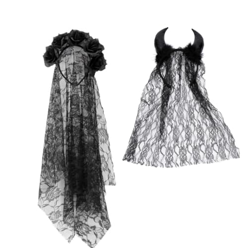 2 schwarze Halloween-Haarbänder, Gothic-Rose und Teufelshörner mit Netz-Stirnband, Tag der Toten, Haarschmuck für Halloween, Kostüm, Haarschmuck, Kinder und Erwachsene, Cosplay, Partyzubehör 2 schwarze Halloween-Haarbänder, Gothic-Rose und Teufelshörner mit Netz-Stirnband, Tag der Toten, Haarschmuck für Halloween, Kostüm, Haarschmuck, Kinder und Erwachsene, Cosplay, Partyzubehör von Geluode