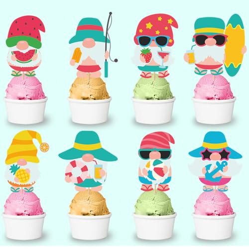 24 Cupcake-Topper für Sommer- und Strandpartys, Gnome, Hawaii-Party, Eiscreme-Dekoration, Zwerg mit Erdbeer-Wassermelone-Dekoration, Dessert- und Obstspieße für Luau, Strand und Pool, Sommerparty-Zube von Geluode
