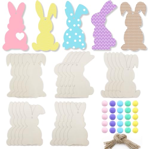 25 Stück unlackierte Osterhasen-Ausschnitte aus Holz für Heimwerker, Kaninchen-Rohholzplatte mit 25 bunten Filz-Pompom-Kugeln zum Bemalen von Oster-Frühlingsdekorationen und hängenden Ornamenten 25 Stück unlackierte Osterhasen-Ausschnitte aus Holz für Heimwerker, Kaninchen-Rohholzplatte mit 25 bunten Filz-Pompom-Kugeln zum Bemalen von Oster-Frühlingsdekorationen und hängenden Ornamenten von Geluode