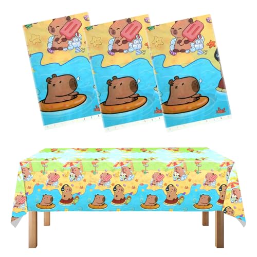 3 Pack Capybara Party Tischdecken – 108x180cm Capybara Einweg Tischdecke, Süße Rechteckige Einweg-Tischdecke aus Kunststoff mit Tiermotiv für Geburtstagspartys Jungen Mädchen von Geluode