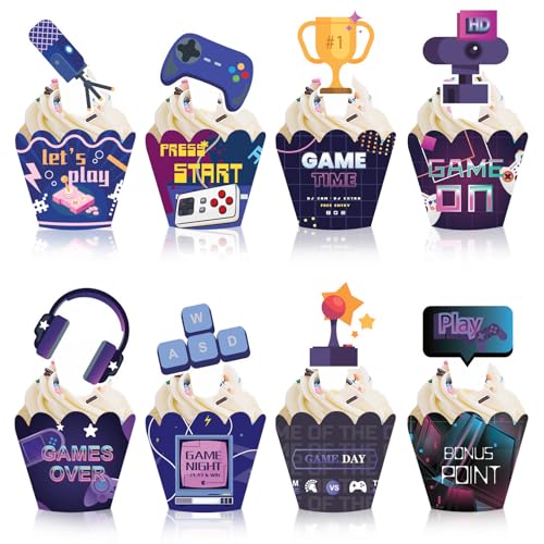 48 Stück Cupcake-Topper und Wrapper für Videospiele, für Kinder, Jungen, Mädchen, Gamepad Videospiel Cupcake-Dekorationen für Gamer, Geburtstag, Babyparty, Partyzubehör von Geluode