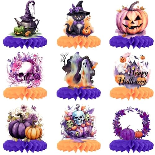 9 Stück Halloween Waben-Mittelstücke für Tischdekoration, böser Kürbis, Totenkopf, Geist, schwarze Katze, 3D-Tischaufsatz, Schild, violett, orange, für Halloween, Party, Gastgeschenk, Bar 9 Stück Halloween Waben-Mittelstücke für Tischdekoration, böser Kürbis, Totenkopf, Geist, schwarze Katze, 3D-Tischaufsatz, Schild, violett, orange, für Halloween, Party, Gastgeschenk, Bar von Geluode