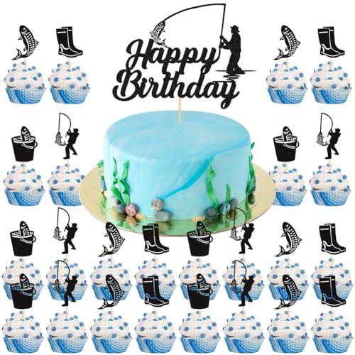 Angel-Kuchendekorationsset, Angelthemen-Partyzubehör beinhaltet Fisch Happy Birthday Kuchen Cupcake Topper für Jungen, Kinder, Männer, Angler, Angelthemen-Party-Zubehör von Geluode