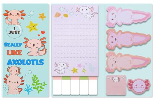 Axolotls Haftnotizen, Kawaii Little Axolotls Sticky Tabs, selbstklebende Blöcke, niedliche Memo-Notizen, 11 Packungen 50 Blatt/Packung, Büroschule, Studienbedarf für Studenten, Lehrer, Kinder, Frauen von Geluode