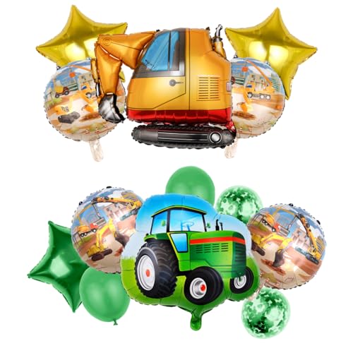 Bau-Partyzubehör, Bagger-Traktor-Ballons, 13 Stück, orange-goldfarben, grün, LKW-Geburtstagsdekorationen, Happy Birthday-Folie, Heliumballons für Bauwagen, Geburtstagsparty-Dekoration von Geluode
