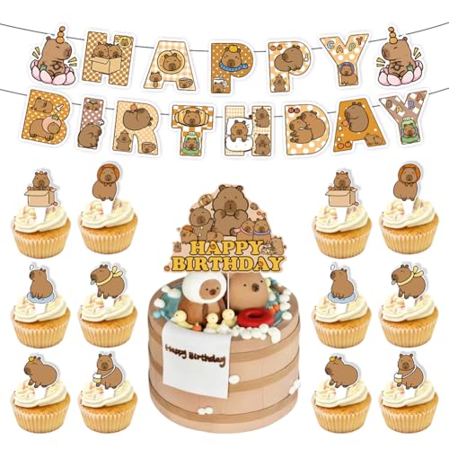 Capybara Partydekorationsset, Happy Birthday Capybara Themenpartyzubehör beinhaltet 1 Capy Happy Birthday Banner + 1 Tortenaufsatz + 12 Cupcake-Topper für Kinder, Jungen, Mädchen, Geburtstage von Geluode
