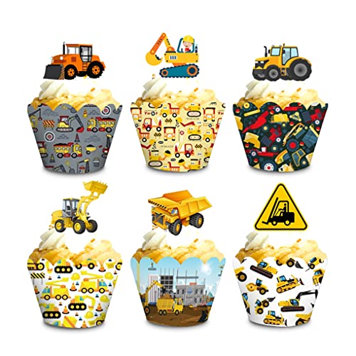 Construction Cupcake Toppers and Wrappers, Set of 24pcs Traktor Digger Truck Forklift Dump Bulldozer Road Roller Engineering Themed for Kids Boys Happy Birthday Baby Shower Party Supplies von Geluode