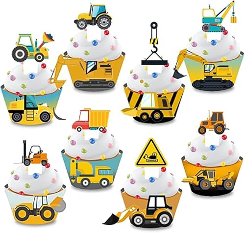 Cupcake-Topper und Wrapper, Set mit 24 Stück, Traktor, Bagger, LKW, Gabelstapler, Bulldozer, Straßenrolle, Thema für Kinder, Jungen, Happy Birthday, Babyparty, Partyzubehör von Geluode