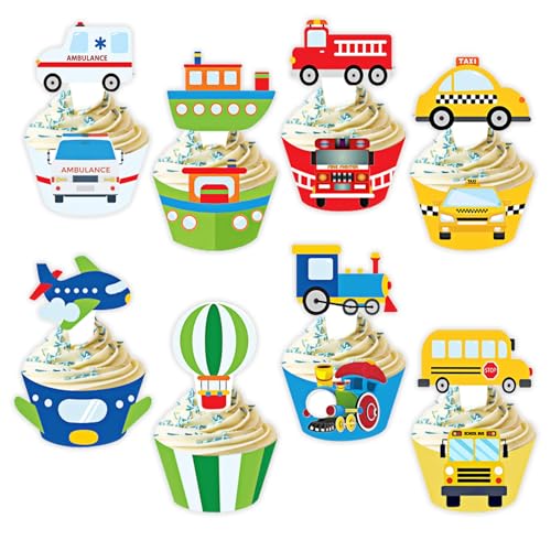 Cupcake-Topper und Wrapper, Set mit 48 Cupcake-Dekorationen, Krankenwagen, Taxi, Schule, Bus, Zug, Flugzeug für Kinder, Jungen, Mädchen, Geburtstag, Babyparty, Partyzubehör Cupcake-Topper und Wrapper, Set mit 48 Cupcake-Dekorationen, Krankenwagen, Taxi, Schule, Bus, Zug, Flugzeug für Kinder, Jungen, Mädchen, Geburtstag, Babyparty, Partyzubehör von Geluode