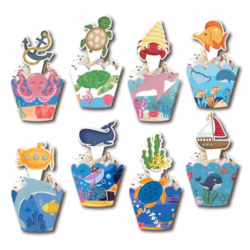 Cupcake-Topper und Wrapper, Set mit 48 Cupcake-Dekorationen, unter dem Wasser, Party-Dekorationen, für Kinder, Jungen, Mädchen, Geburtstag, Babyparty, Partyzubehör von Geluode