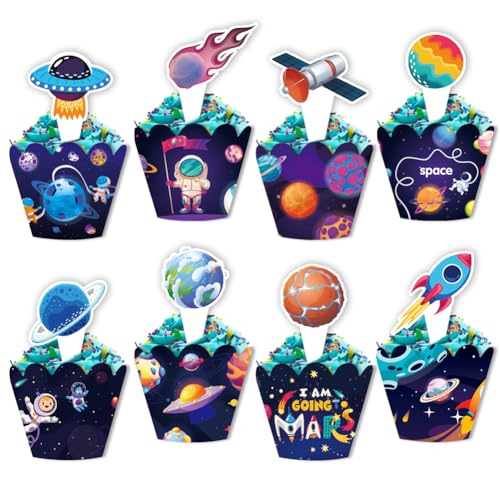 Cupcake-Topper und Wrapper mit Weltraum-Motiv für Kinder Baby Jungen Mädchen, 48 Stück Astronauten-Rakete UFO-Planeten-Muster Cupcake Dekorationen für Geburtstag, Babyparty, Partyzubehör Cupcake-Topper und Wrapper mit Weltraum-Motiv für Kinder Baby Jungen Mädchen, 48 Stück Astronauten-Rakete UFO-Planeten-Muster Cupcake Dekorationen für Geburtstag, Babyparty, Partyzubehör von Geluode