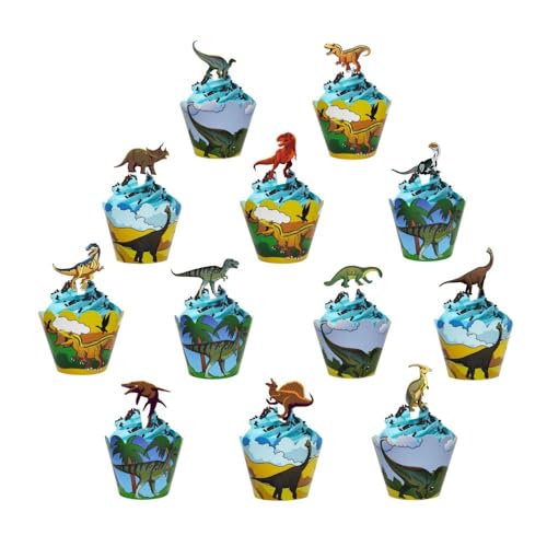 Dinosaurier Cupcake Topper und Wrapper, 48 Stück Jurassic Park Cupcake Topper für Jungen, Mädchen, Kinder, Dino-Kuchendekorationen für Dinosaurier Themen Geburtstagsparty, Babyparty von Geluode
