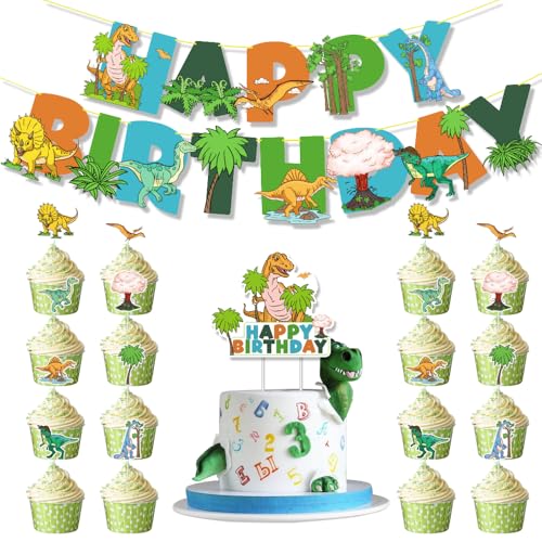 Dinosaurier-Party-Dekorationsset, Jurassic Dino-Themenparty-Zubehör, inklusive Dinosaurier-Happy Birthday-Banner, Kuchen-Cupcake-Topper für Kinder, Jungen, Mädchen, Geburtstagsparty-Zubehör Dinosaurier-Party-Dekorationsset, Jurassic Dino-Themenparty-Zubehör, inklusive Dinosaurier-Happy Birthday-Banner, Kuchen-Cupcake-Topper für Kinder, Jungen, Mädchen, Geburtstagsparty-Zubehör von Geluode
