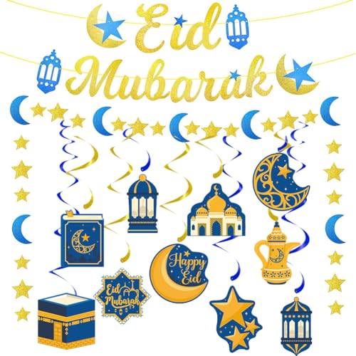 Eid Mubarak Banner Set, Muslimische Eid Mubarak Festival Girlande Banner und hängende Wirbel im Mond Schloss Muster für Zuhause Islam muslimischer Ramadan, Eid Mubarak Partydekorationen von Geluode