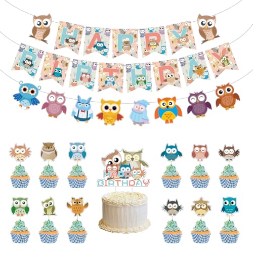 Eulen-Geburtstagsparty-Dekorationen, niedliche Eulen, Happy Birthday-Banner, Cartoon-Eulen-Flagge, Wimpelkette, Banner, Kuchenaufsatz, Cupcake-Dekorationsset für Kinder, Babyparty, Eulen-Geburtstagsparty-Dekorationen, niedliche Eulen, Happy Birthday-Banner, Cartoon-Eulen-Flagge, Wimpelkette, Banner, Kuchenaufsatz, Cupcake-Dekorationsset für Kinder, Babyparty, von Geluode