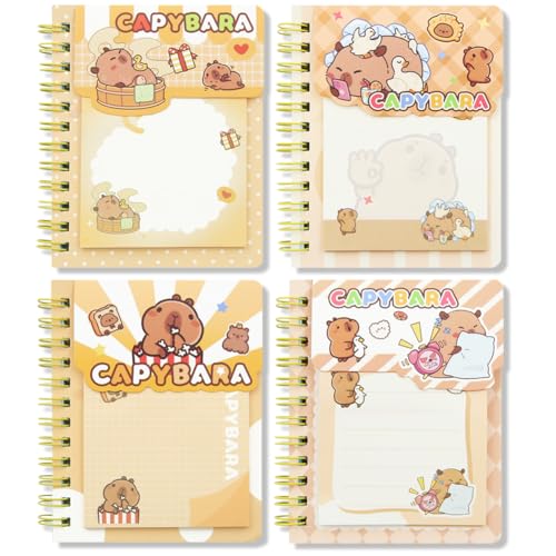 Geluode 4 Packungen Capybara Mini-Spiralnotizbücher mit Capybara-Haftnotizen, A7 süße wasserfeste Taschennotizblöcke, Notizblöcke und selbstklebende Tabs für Kindergeburtstagsgeschenke von Geluode