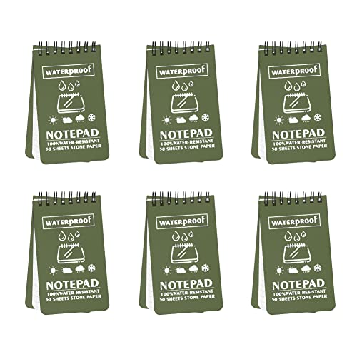 Geluode 6 Stück Wasserdichtes Notizbuch, Spiralbindung, 7,6 x 12,7 cm, Einband Grün, 100 Seiten, 50 Blatt, Taktischer, Wasserdichter Allwetter-Notizblock mit Raster für Outdoor-Aktivitäten von Geluode