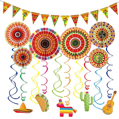 Mexikanisches Fiesta-Party-Dekorationsset, 6 Fiesta hängende Papierfächer 1 Dreieck-Banner Wimpelkette mit Cinco De Mayo Fiesta hängenden Wirbel für mexikanischen Karneval, Festival, Taco, Dienstag, von Geluode