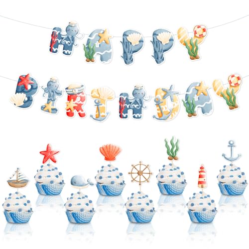 Ozean-Party-Dekorationsset, Happy Birthday unter dem Meer, Themenpartyzubehör beinhaltet Seestern-Wal Muscheln Happy Birthday Banner Cupcake-Topper für Kinder Jungen Mädchen Geburtstage Partyzubehör von Geluode