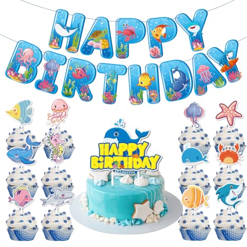 Ozean-Party-Dekorationsset, Happy Birthday unter dem Meer, beinhaltet 1 Happy Birthday Banner + 1 Tortenaufsatz + 12 Cupcake-Topper für Kinder, Jungen, Mädchen, Partyzubehör von Geluode