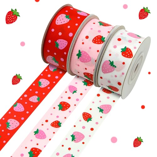 Ripsband mit Erdbeeren-Motiv, 3 Rollen, 3 Muster, 2,5 cm x 9,1 m pro Rolle, 27,7 m TTL, Obstband für Frühlings-Winter-Kränze, Basteln, Besätze, Haarschleifen, Geschenkverpackung, Pastellrot-Rosa von Geluode