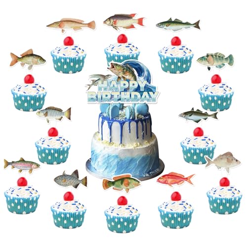 Seefisch-Kuchendekorationsset, realistisches Ozean-Meeres-Mottoparty-Zubehör, inklusive Fisch, Happy Birthday-Kuchen, Cupcake-Topper für Jungen, Kinder, Männer, Angler, Mottoparty-Zubehör Seefisch-Kuchendekorationsset, realistisches Ozean-Meeres-Mottoparty-Zubehör, inklusive Fisch, Happy Birthday-Kuchen, Cupcake-Topper für Jungen, Kinder, Männer, Angler, Mottoparty-Zubehör von Geluode