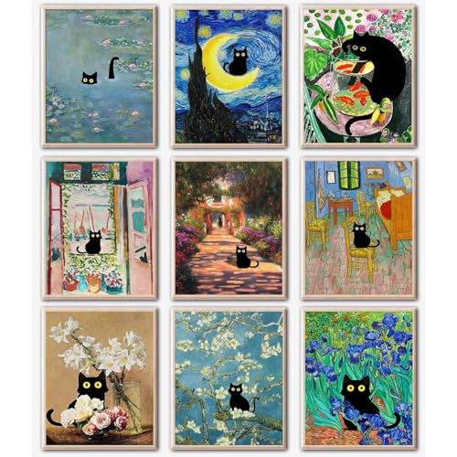 Diamond Painting für Erwachsene und Anfänger, 9 Stück, 5D Runde Diamant Digital Painting Kit, DIY Schwarze Katze Diamant Kunst Malerei, Matisse Van Gogh Wohnzimmer Schlafzimmer Dekoration (30 x 39,9 von GemZono