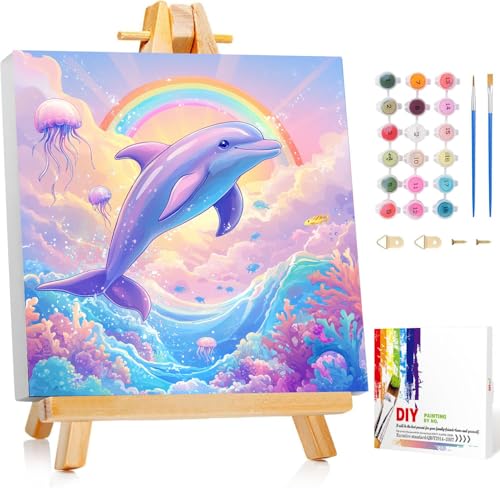 Gemartmall Delphin Malen Nach Zahlen Kinder mit Rahmen-Tier Malen Nach Zahlen Kinder ab 7 mit Rahmen für Basteln DIY Bastelset(20x20cm) von Gemartmall