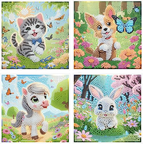 Gemartmall Diamond Painting Kinder 4er Set- 15x15 CM Tiere Diamant Painting Bilder Kinder, DIY Kreativset mit Vollständiger Werkzeugsatz Geschenk für Jungen Mädchen von Gemartmall
