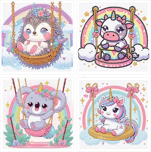Gemartmall 4er Set Diamond Painting Kinder ab 6-12 Jahre- 15X15 CM Tiere Diamond Painting Klein, Diamant Painting Bilder Kinder Bastelset Geschenk für Mädchen Jungen von Gemartmall