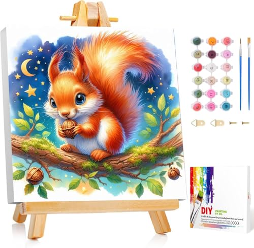 Gemartmall Eichhörnchen Malen Nach Zahlen Kinder ab 9 mit Rahmen- Malen Nach Zahlen Tiere mit Staffelei für Geschenk DIY Bastelset 20x20 cm von Gemartmall