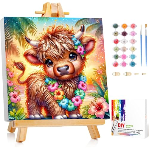 Gemartmall Hochlandrinder Malen Nach Zahlen Kinder mit Rahmen- Tier Malen Nach Zahlen Kinder ab 7 mit Rahmen für Basteln DIY Bastelset(20x20cm) von Gemartmall