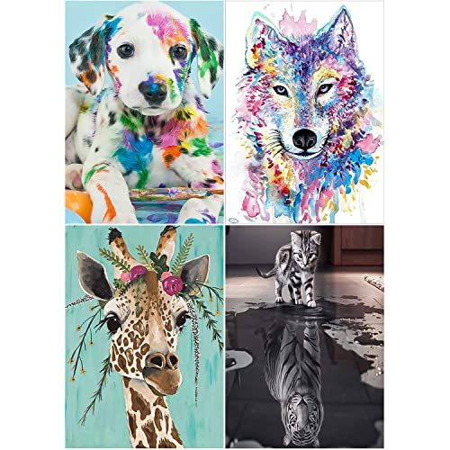 Gemi Diamond Painting Set, 5D Diamant Painting Bilder Erwachsene Kinder, 4 Pack DIY Diamond painting Wolf, Giraffe, Hund, Katze werden zu Tigern für Home Wand Décor (30x40cm) von Gemi