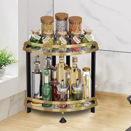 Gemsaya 2 Etagen Gewürzregal aus Edelstahl, Golden Küchenregal Stehgestell, Extra Großes Arbeitsplatte Aufbewahrungsregal, Dreieckiges Wand-Gewürzregal, Eckregal Organizer für Küche und Badezimmer von Gemsaya