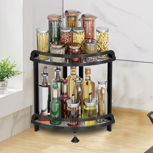 Gemsaya 2 Etagen Gewürzregal aus Edelstahl, Schwarz Küchenregal Stehgestell, Extra Großes Arbeitsplatte Aufbewahrungsregal, Dreieckiges Wand-Gewürzregal, Eckregal Organizer für Küche und Badezimmer von Gemsaya