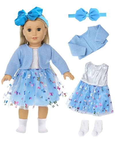 Gemtte Puppenkleidung für Baby Puppen, Baby Kleidung 36cm-43cm, New Baby Puppenkleidung, 4 Stück mit Mantel Socke, Schleife Gazerock Schmetterlingsschleife Stirnband, Geschenke für Mädchen, Blau von Gemtte