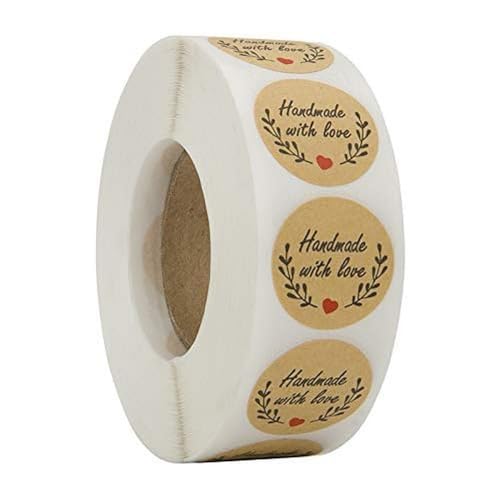 Generic Brands 500 Stück Kraft Runde Aufkleber Etiketten 25 mm/1zoll Roll-in Label Papier Geschenkaufkleber Backaufkleber für handgemachte Backen Geschenktüten Hochzeit Thanksgiving (Handmade with Love Sticker) von KONAMO