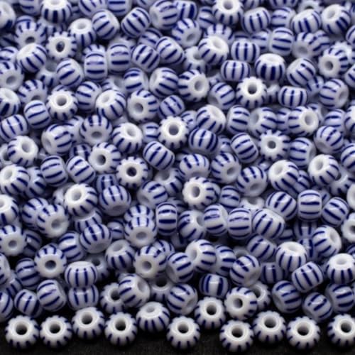 10/0 03331 Tschechische Glasperlen Rocailles Blau Streifen auf Kreide Weiß Verpackung 2250 Stück Gewicht 25 Gramm Perlen Größe 2,3 mm Zum Perlensticken und Herstellen von Schmuck von Generic