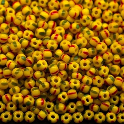 10/0 83590 Tschechische Glasperlen Rocailles Rot und Grün Streifen auf Gelb Verpackung 2250 Stück Gewicht 25 Gramm Perlen Größe 2,3 mm Zum Perlensticken und Herstellen von Schmuck 10/0 83590 Tschechische Glasperlen Rocailles Rot und Grün Streifen auf Gelb Verpackung 2250 Stück Gewicht 25 Gramm Perlen Größe 2,3 mm Zum Perlensticken und Herstellen von Schmuck von Generic