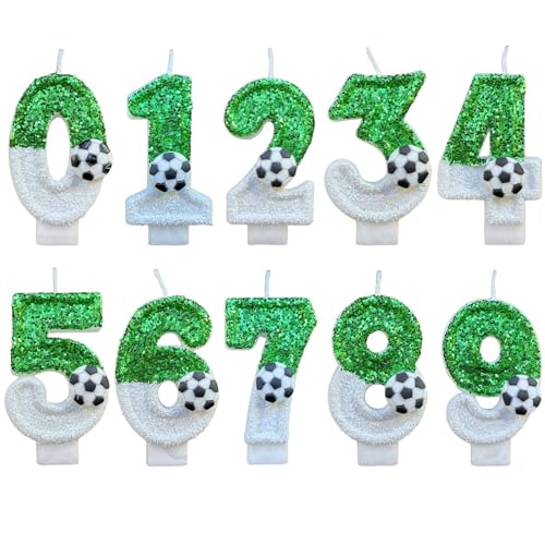 10 Stück grüne Zahlen-Kuchenkerzen – Glitzer-Fußball-Kerzen, Dekorationen, Geburtstags-Zahlenkerzen, | Grüne Fußball-Geburtstagskerzen mit glänzenden Pailletten | Zahlenkerzen-Fußball-Kuchenaufsatz zu von Generic