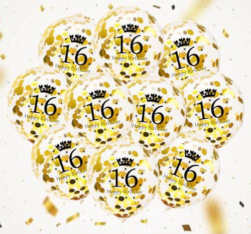 10 x Konfetti Ballons Jubiläum Zahl 16 Party Luftballons rund Latexballons 16 Jahre Gold Transparent 16. Geburtstagdeko dekoration Feier Deko Happy Birthday Jubiläum (Zahl 16) von Generic