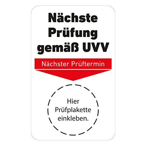 100 Stück Grundplakette "Nächste Prüfung gemäß UVV" - 70 x 40 mm, selbstklebende Vinylfolie, passend für 20mm und 30mm Prüfplaketten. Inklusive 1 gratis Lochzangen (3mm Rundloch, Kerbzange) von Generic