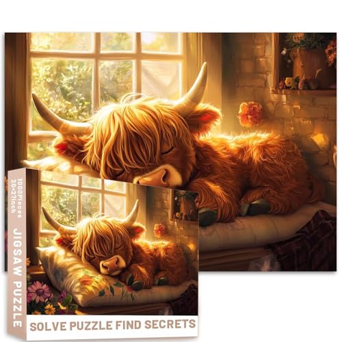1000 Stück Schlafende Kuh Kissen Puzzle Sonnenstrahlen Blumen Farbpalette Detailliert 68,6 x 50,8 cm Kunst Herausfordernde Familienaktivität Spiele Bunte DIY Handwerk Puzzle für Heimdekoration von Generic