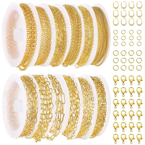 12 Rollen goldene Schmuckketten für Bastelarbeiten, Halsketten und Armbänder, mit Karabinerverschlüssen und Biegeringe von Generic