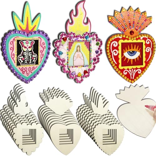 15 Sets unlackierter Holzrahmen mit heiligem Herzen, Retablo-Rahmen, blanko, mexikanisches Milagros-Herz, Dia De Los Muertos, Gedenk-Bilderrahmen für den Tag der Toten, Heimdekoration von Generic