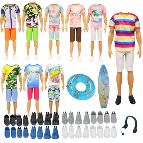 15 Pack of Clothes and Accessories for Ken Dolls, Ken Kleidung und Zubehör, Jungen Puppen 4 Freizeitbekleidung 4 Hosen 4 Paar Schuhe 1 Ohrhörer 1 Surfbrett 1 Schwimmkreise für 12 Zoll Jungen Puppen von Generic